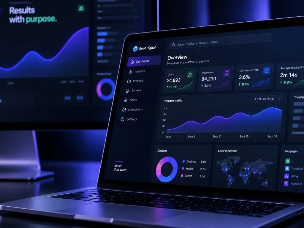 Root Digital laptop with an analytics dashboard and a studio monitor in the background